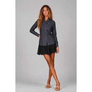 NWT Peserico Sport Gray Stretch Denim Tie Neck Blouse Shirt  IT 42 US 6 (136)